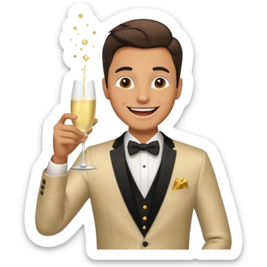 A happy man in party clothes laughs while drinking champagne straight from the glass. sticker
