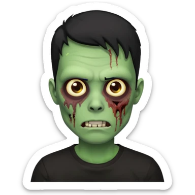 Zombie Emoji AppleIOS Style, lowfade Black Hair, and Black T-shirt, Green Skin, normal expression sticker
