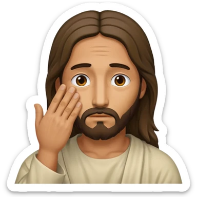 my workmate accidentally misspelled "Jesus christ" as "Jesbus christ", make an emoji of jesus with his hands on his face looking like hes ironically in pain sticker