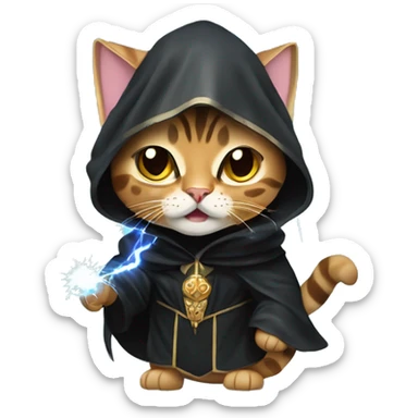 Bengal cat dressed as emperor palpatine unlimited power scene with lightning bolts coming out of its paws sticker