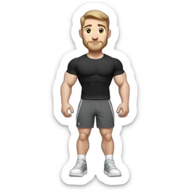Pale skinned Fit Man With the biceps and dark brown hair in black shirt, gray sports shorts and white Sneakers sticker