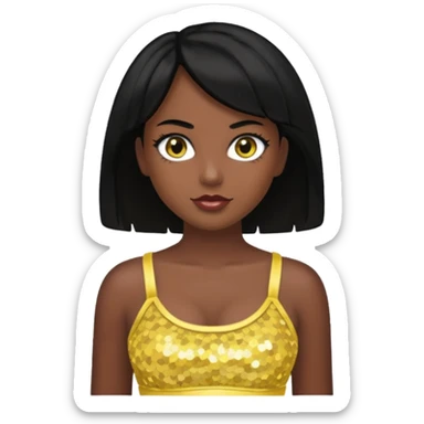 Christie from Barbie & Friends with brown eyes, black hair, yellow sequin crop top, dark skin sticker