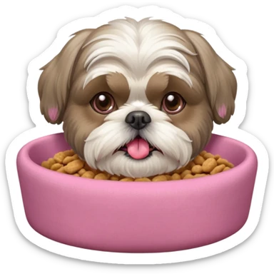 old ALL grey shih tzu in pink dog bed tongue hanging out with a bowl of food sticker