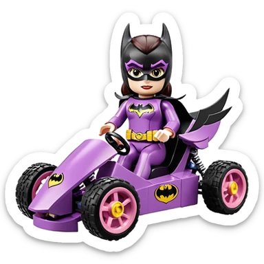 Hot full size real size-appearance electric road racing sexy BatGirl’s feminine midnight-colored tight outfit sixty’s tv show Lego dark stealthy sporty safe plush petite off-road pursuit cruiser car rose gold accents (black hair,reclined and relaxed torso and shoulders seating position) go kart  sticker