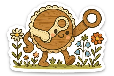 whimsical cartoon Steam logo in cottagecore style, arms and circles made of chunky wood, oversized lace, cartoon wildflowers, cute friendly look, no text sticker