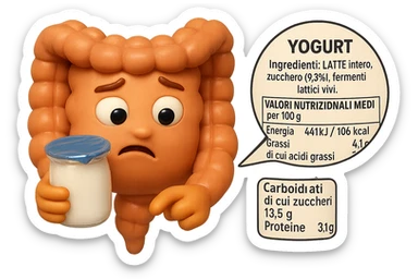 SU QUESTO STILE FAI UN EMOJI STILE IPHONE 3D DI UN INTESTINO CHE HA IN MANO UN BARATTOLO DI YOGURT CONFEZIONATO DA SUPERMERCATO E LEGGE L'ETICHETTA NUTRIZIONALE CON GLI INGREDIENTI IN ITALIANO, ACCANTO ALLO YOGURT CHE HA IN MANO C'è UN FOCUS SULL'ETICHETTA CON GLI INGREDIENTI SCRITTI, FAGLI UN ESPRESSIONE CONFUSA MENTRE LEGGE E FALLO MOLTO REALISTICO IN 3D sticker