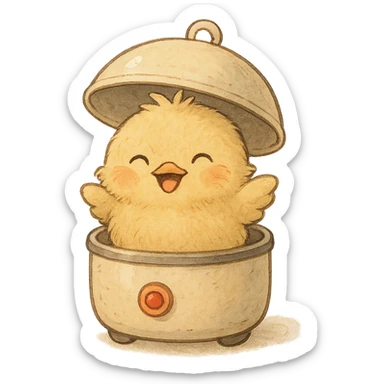 chibi soft fluffy chick popping out of the lid of an egg cooker smiling brightly soft yellow tones full-body sticker