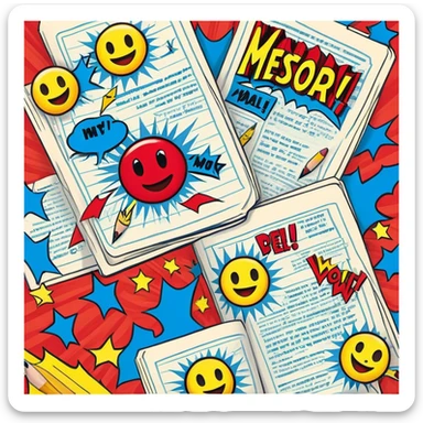 Create a vibrant emoji, representing comic books and graphic novels as an art form. The design should feature a large, opened comic book with vintage comic panels on the pages. Include a pencil (without a hand), writing text or sketching on the pages. The comic panels should have bold lines and retro-style artwork with classic comic book visuals. Use bright, energetic colors like red, yellow, and blue to evoke excitement and creativity. The overall design should feel dynamic, vintage, and artistic. Make the background transparent. sticker