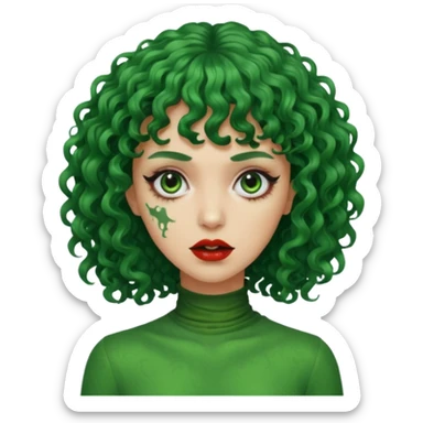 crie uma mulher, vibe total terror, mas ela com cabelo cacheado e franja, e pele verde sticker