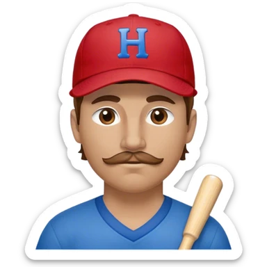 White man with brown hair and a short brown mustache wearing a blue baseball cap with an H on it and a red bandana around his neck sticker