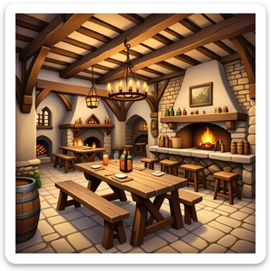 cozy medieval fantasy tavern with wooden beams, fireplace, and tables where adventurers gather sticker
