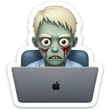 A tired sad zombie behind a laptop sticker