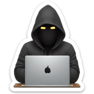 Man wearing a hood covering his face and codes in laptop sticker