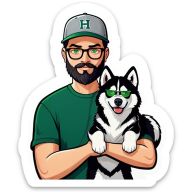 A bold man with a grey baseball cap, green eyes, big beard and glasses holding a husky dog sticker