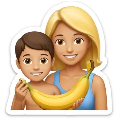 create a mother and boy mother giving banna to his son sticker