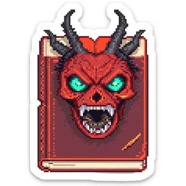 Make the red cursed book with glowing eyes look even more evil by adding sharp fangs, cracks, and a sinister aura. Pixel art style with no background. sticker