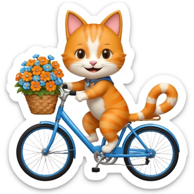 a-cheerful- cat-riding-a-blue-bicycle,-wearing-a-cute-helmet,-with-a-big-smile-and-a-basket-full-of-flowers-on-the-front.-bright,-cartoonish-style,-simple-and-fun. sticker