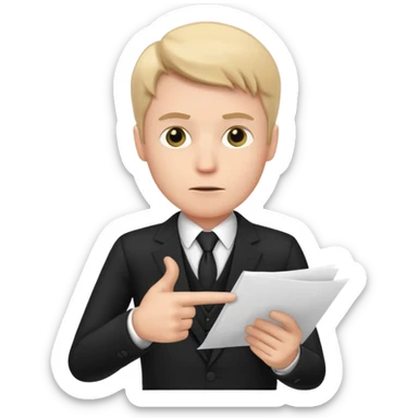A white man in a black suit stands with a serious face and points at his hand holding papers. sticker
