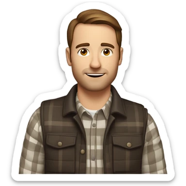 a white 30 year old man with brown hair and stubble in a plaid shirt and gilet  sticker