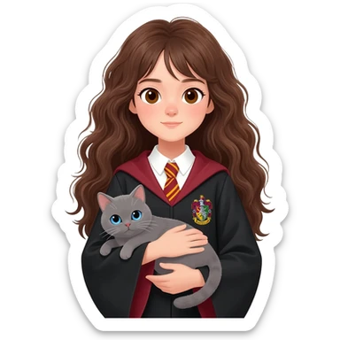 Asian girl with long messy wavy brown hair and brown eyes wearing Ravenclaw robe, holding a gray cat with blue eyes in hands sticker