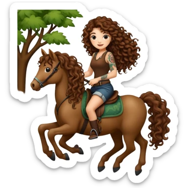 cute woman long curly brown hair tattoos riding forest pony sticker