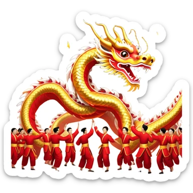 Cinematic Realistic scene of a Chinese Dragon Dance featuring performers energetically holding a vibrant dragon model aloft, with intricately detailed scales and dynamic flowing costumes, illuminated by festive red and gold lighting that captures the spirit of celebration. sticker
