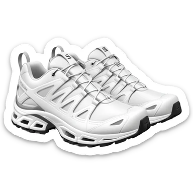 Totally white Salomon XT-6 sneakers with absolutely no color accents, clean white monochrome design, one shoe behind the other, simplified iOS emoji style sticker