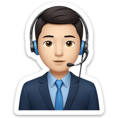 A young Asian man with smooth light skin, dark hair that swoops upward in the front, expressive eyes, a clean-shaven face, and a call-center style headset over one ear, usually paired with a crisp shirt and suit jacket visible from the chest up. sticker