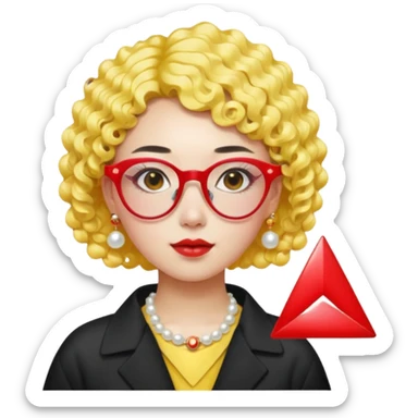 Chinese girl emoji, modern style, short curly bright yellow hair, pearl hairpin, wearing trendy red triangle glasses, colorful and creative vibe sticker
