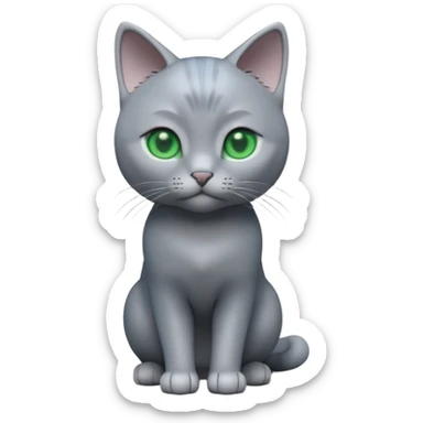 A 3D cartoon Russian Blue cat in cool silver-gray tone, smooth fur, green eyes, sleek lighting, cinematic 3D Memoji style. full body or half body. sticker