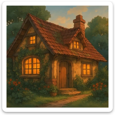 cozy cottage, warm lighting, ghibli style, inviting and charming sticker