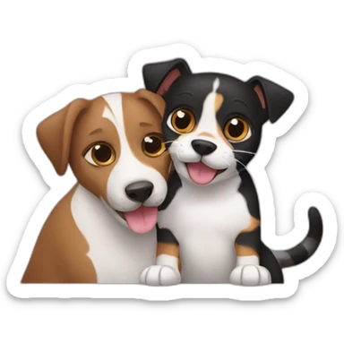 Black tabby cat and brown Jack Russell dog hugging sticker