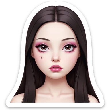 girl with white skin, dark brown long realistic straight hair with middle part prominently falling in front of her body over her shoulders, very big pouty extremely glossy ultra-shiny lips with nude reddish-pink lip gloss and absolutely no cupid's bow, big round eyes with very black shiny eyeballs and huge eyelashes, no eyeshadow, pink blush on cheeks, lighter button nose, extremely long oval-shaped face, wearing a pink off-shoulder top, looking directly at camera with hands down at sides sticker