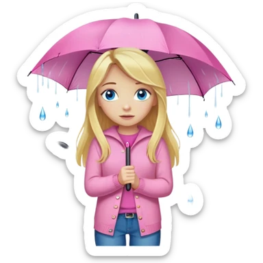 Cinematic realistic emojis in the form of a blonde girl with long hair and blue eyes, dressed in a pink sweater and jeans, holding an umbrella above her, on which rain is dripping sticker
