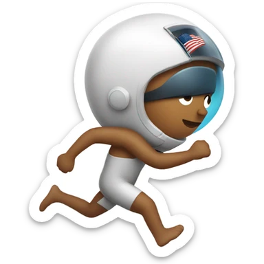 a person running with an astronaut hat and a swimming suit sticker