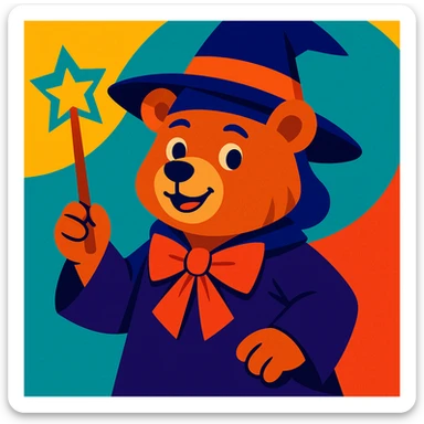 a bear with human-like features, wearing a witch costume and holding a wand, whimsical style sticker