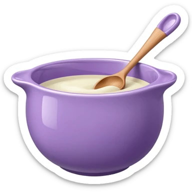 a lilac ceramic mixing bowl with a wooden spoon stirring sticker