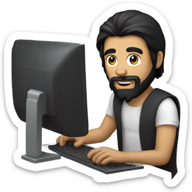 A guy with black beard and black long hair playing on a compu sticker