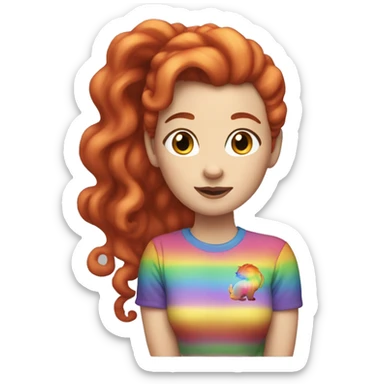 "A white woman with lengthy red curls in a ponytail, wearing a rainbow cat shirt, being cute." sticker