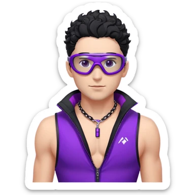 male athlete with white skin and moderately curly black hair on top with shaved sides, wearing ski goggles with purple frames and very dark black lenses, a simple plain black chain necklace, and a completely unzipped/wide open shiny purple vest fully revealing his chest and abs, no earrings sticker
