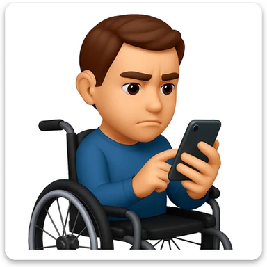Add a modern wheelchair, showing only the upper body of the man, keeping the 3D emoji style and the hearing aid visible. sticker