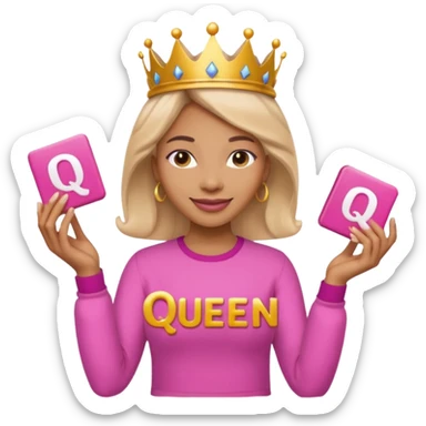 Crear una reina morena clara con ropa rosa sosteniendo la palabra Queen en sus manos sticker