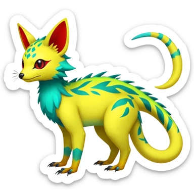 Rare realistic exotic edgy tropical cute yellow, with neon-green, neon-red, and neon-cyan markings epic pretty beautiful handsome gorgeous aesthetic colorful vibrant Vernid-Trico-species-Fakemon-creature by LiLaiRa, 4 legs, 1 tail, random markings, (full body) sticker