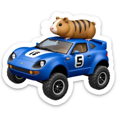 Dirty Joke’s Midnight-blue Local Motors Rally Fighter off road race car being driven by a five foot tall Guinea pig over a dirt ramp  sticker