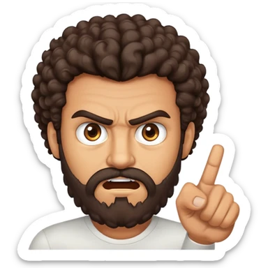 Angry tan man with big dark curly brown hair and brown eyes pointing at me with a beard sticker