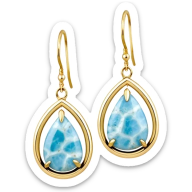 No emoji icons, no emoji faces, 8k quailty, clean, smooth design, isolated, hyper realistic, ultra sparkly, ultra detailed luxurious, 14k yellow glittery gold and Rare Genuine Larimar Raw Crystal earrings set, rendering. Full transparent background  sticker