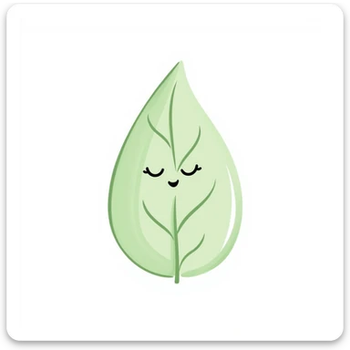 minimal hand drawn digital illustration of a light green leaf character, symmetrical and cute, calm happy face, soft digital brushwork, subtle textures, clean look for mobile app use sticker