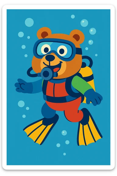 cheerful cartoon bear in full scuba gear, underwater sticker