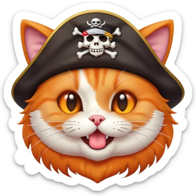 A mischievous cat with a pirate hat sticking out its tongue, kawaii style emoji sticker