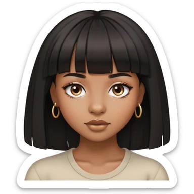 brownskin girl, beautiful girl, black straight hair with bangs above eyebrowns, nose piercing sticker